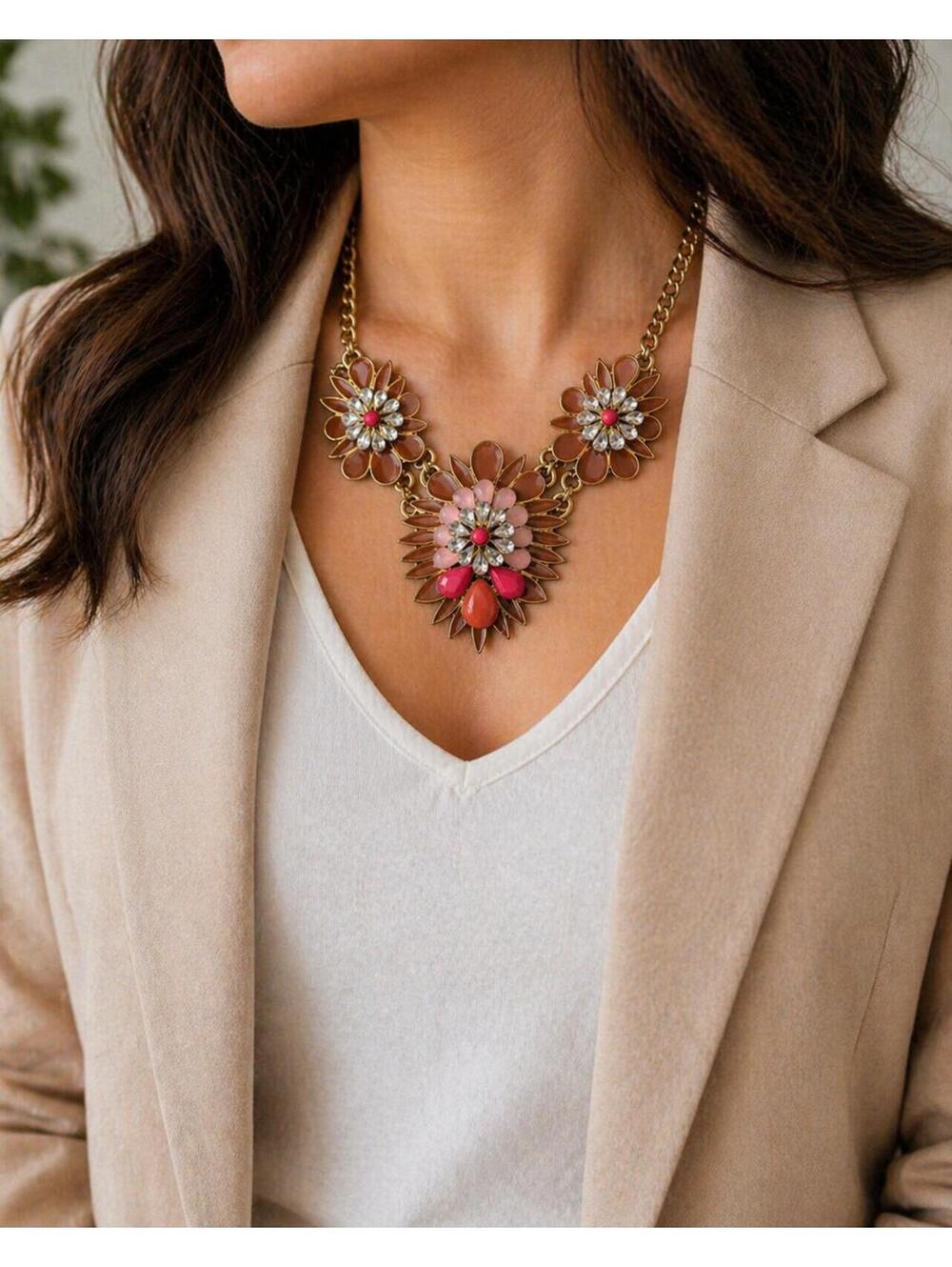 NY & Co Floral Statement Bib Necklace Rhinestone Gold